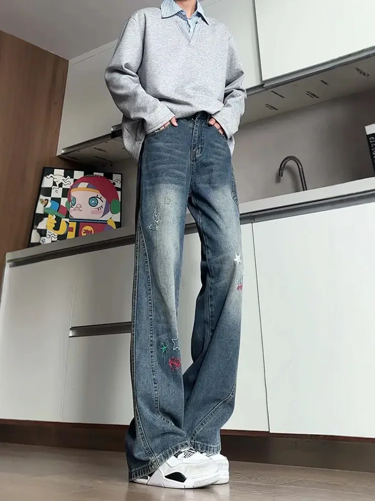 

Мужские джинсы с вышивкой в виде звезд, модные, в американском стиле, прямые, широкие, из смесового хлопка и полиэстера