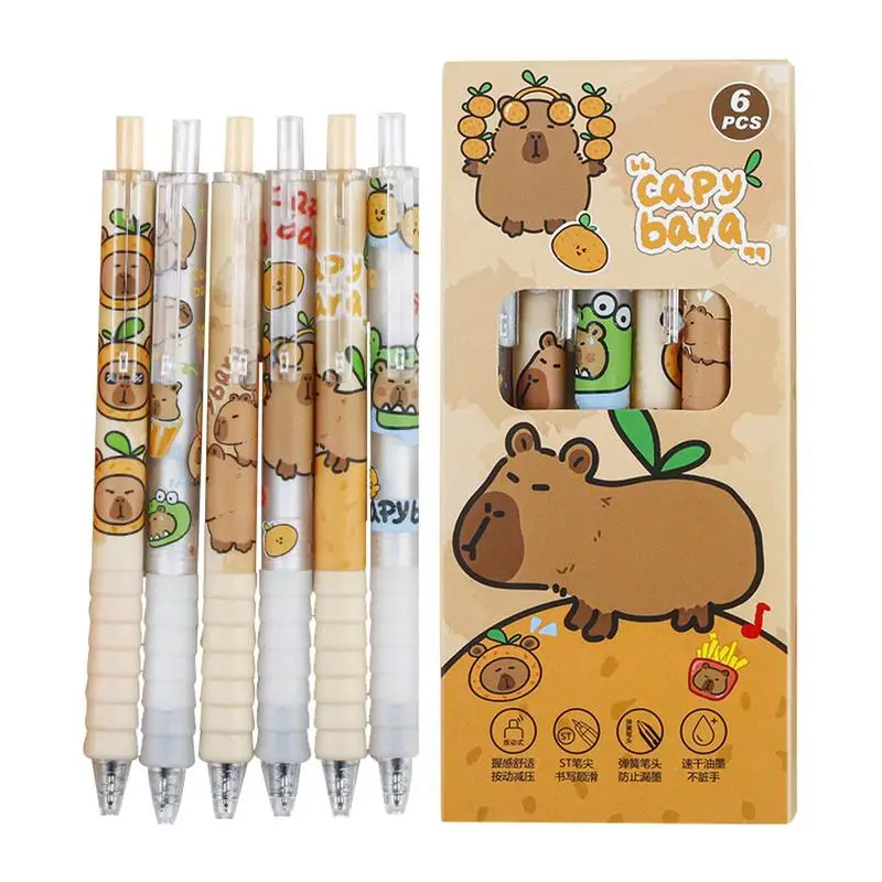 

6Pcs Cute Capybara Gel Pens Kawaii Pen Set Quickly-Drying black Erasable Pens Office School Supplies Aesthetic Stationery
