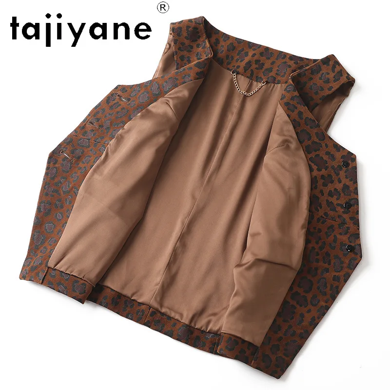 TAJIYANE Genuine Leather Jacket Women Leopard Slim Fit Waistcoat Sheepskin Suede Vest Cropped Sleeveless Jackets Veste Femme New