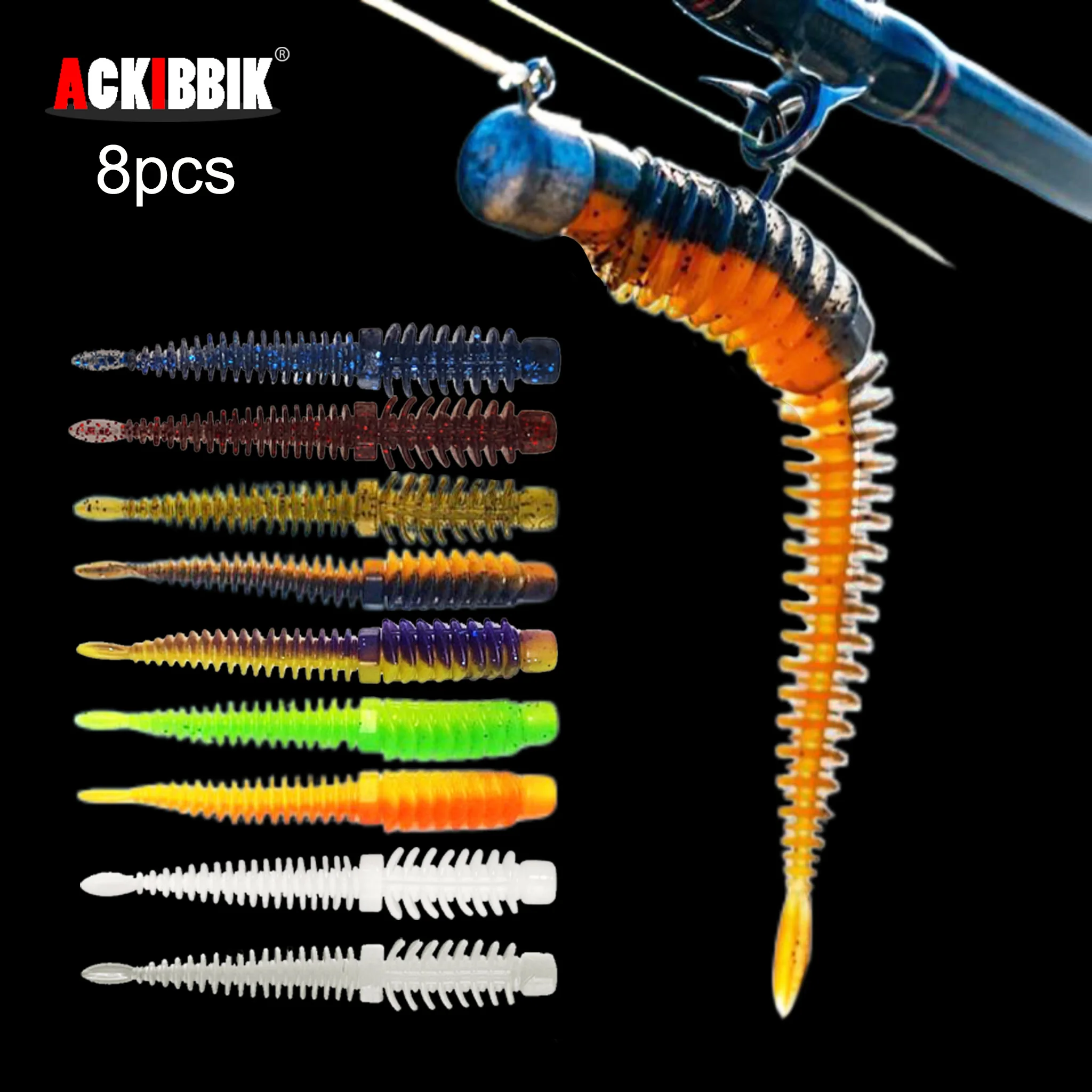 Ackibbik Angelwurmköder, 8 Stück, weicher Wurm, Angelköder, weicher Kunststoff, Crappie-Köder, Kit, Pin-Schwanz, Swimbaits, Forellenwurmköder, 8 cm/2 g