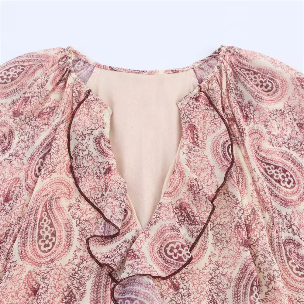 Bm & md & za2025temperament em camadas impressão decorativa solta manga longa com decote em v vestido verão nova chegada roupas femininas