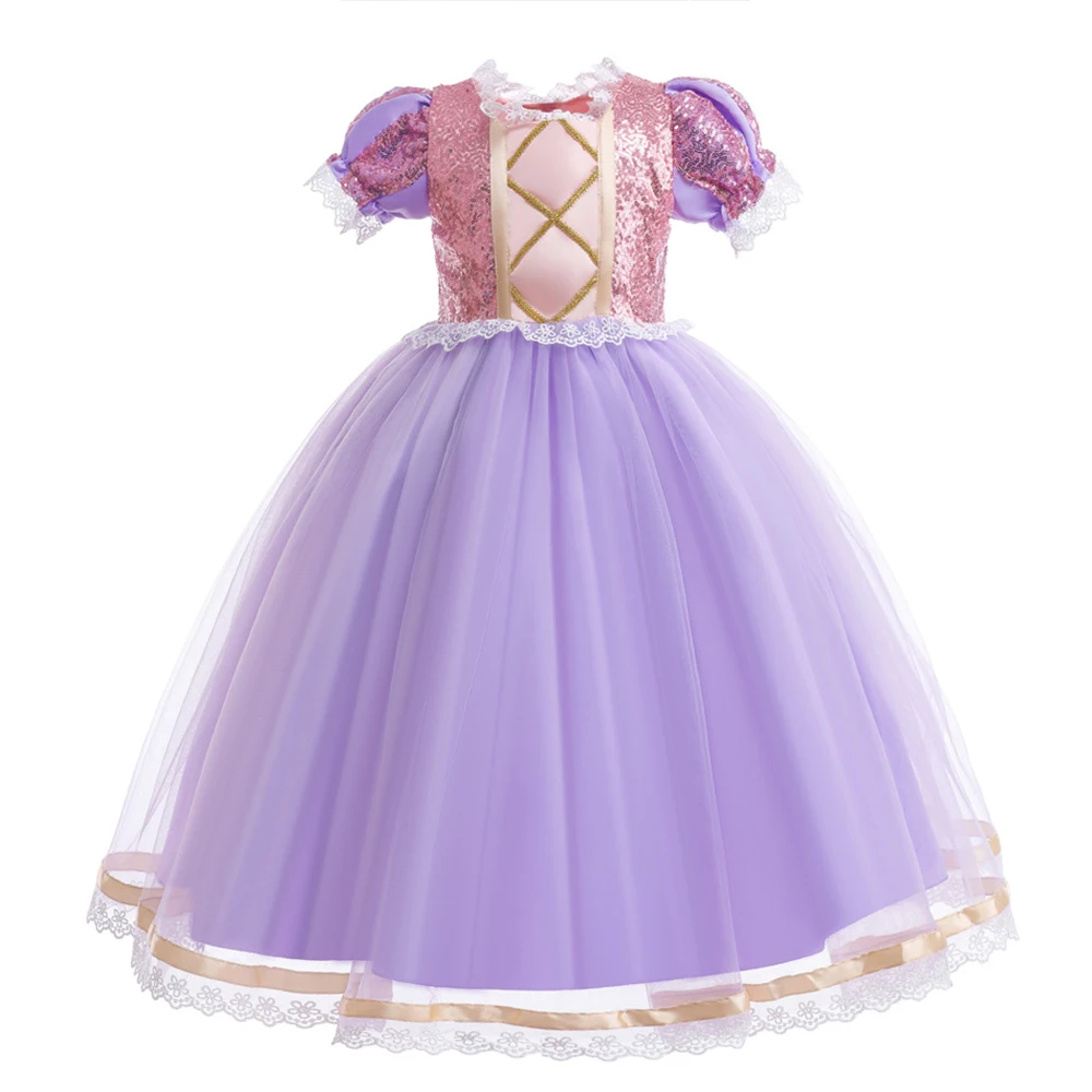 Rapunzel Cosplay Prinzessinnenkleid für Kinder, Halloween-Verkleidung mit Kurzen Ärmeln, Aufführungskostüme, Mädchen Geburtstags- und Karnevals-Party-Outfits – Detail 3