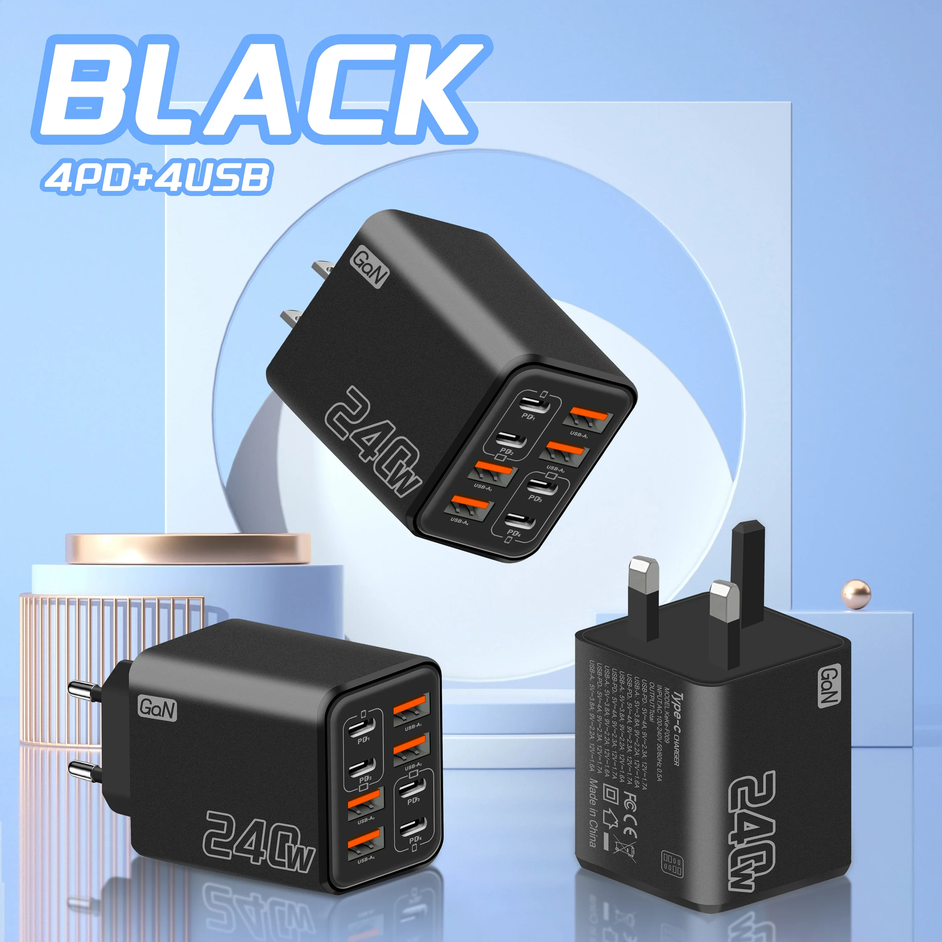 240W GaN USB-C-Ladegerät 8-in-1 Schnellladegerät Handy-Ladegerät Netzteil Typ C EU/US-Stecker Wandladegerät für iPhone Xiaomi Samsung – Detail 4
