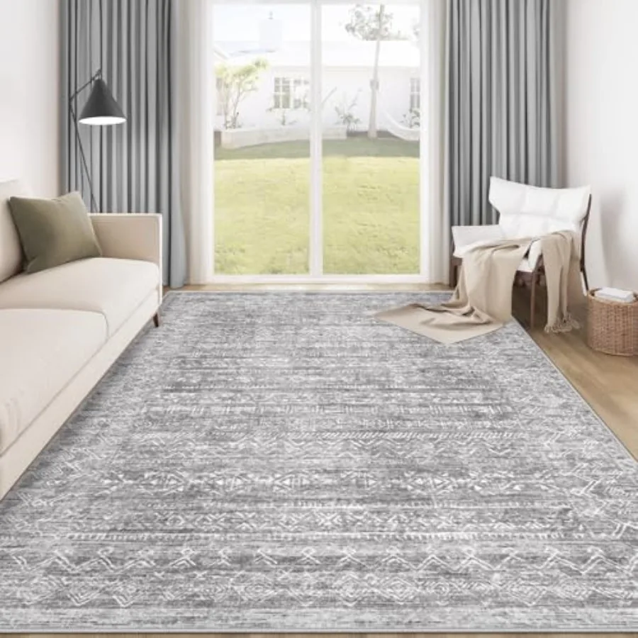 

Моющиеся коврики 6x9 с современным геометрическим дизайном для гостиной, нескользящий мягкий домашний ковер с низким ворсом серого цвета, подходит