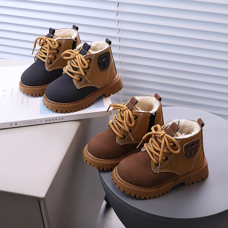 2025 Autumn Winter Boots for Kids Leather Shoes Thicken Warm Girl Snow Boot Cotton Shoes for Boy Sneakers