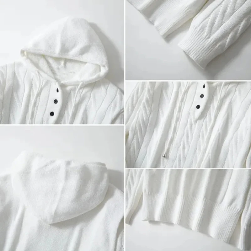 Herren Weißer Kabelstrick-Hoodie Pullover Langarm mit Kordelzug Kapuze Lässiger Lockerer Schnitt Verdickter Pullover Winter-Top Streetwear Jumper – Detail 4