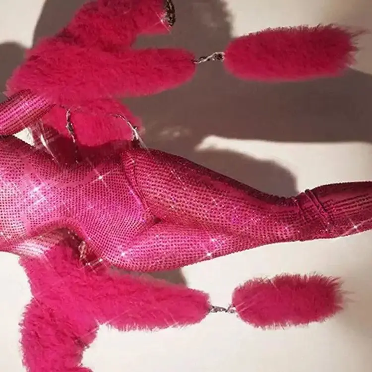 เพชรชุด Rhinestones Jumpsuit ผู้หญิงเซ็กซี่ยืดเต้นรําเครื่องแต่งกายนักร้องไนท์คลับแสดงเวทีสวมใส่