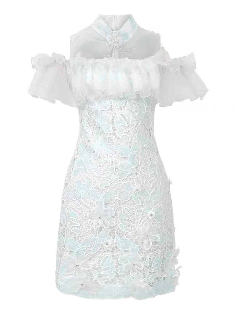 Elegant Sweet Qipao ชุดผู้หญิงเซ็กซี่ Cheongsam SHEER ตาข่าย Splice Ruffles ลูกไม้ตะขอดอกไม้ Hollow Bodycon ชุดปาร์ตี้คลับ Vestido