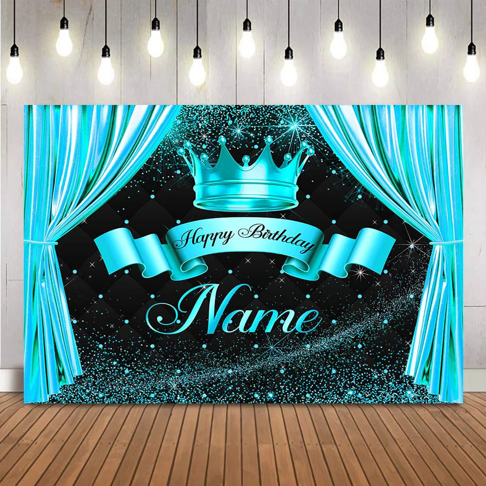 Fondo de feliz cumpleaños, corona real, príncipe, oro, purpurina, cortina dorada, nombre personalizado, suministros de decoración para fiestas