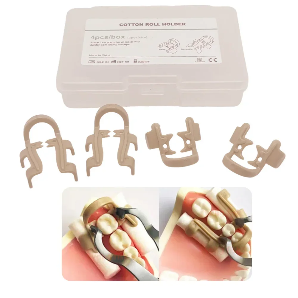 

4Pcs/set Dental Cotton Roll Holder Clips Resin Cotton Roll Clips for Premolar Molar Hemostatic Clamps Endodontic Restorative Use