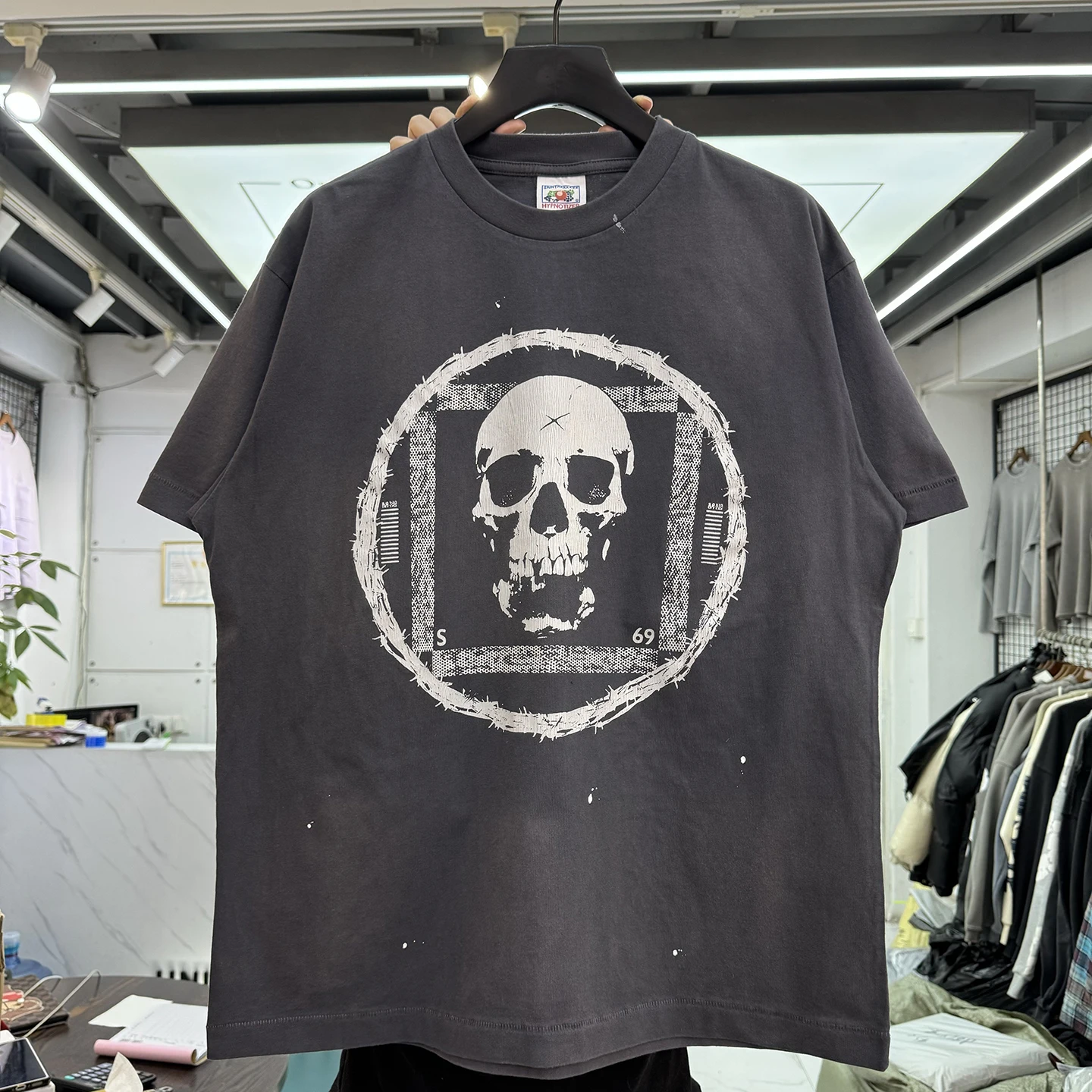 Retro Skeleton Letter Cra Print ort Sve Oversize High Street ex Loose Casual round Ne T-irt American Sle