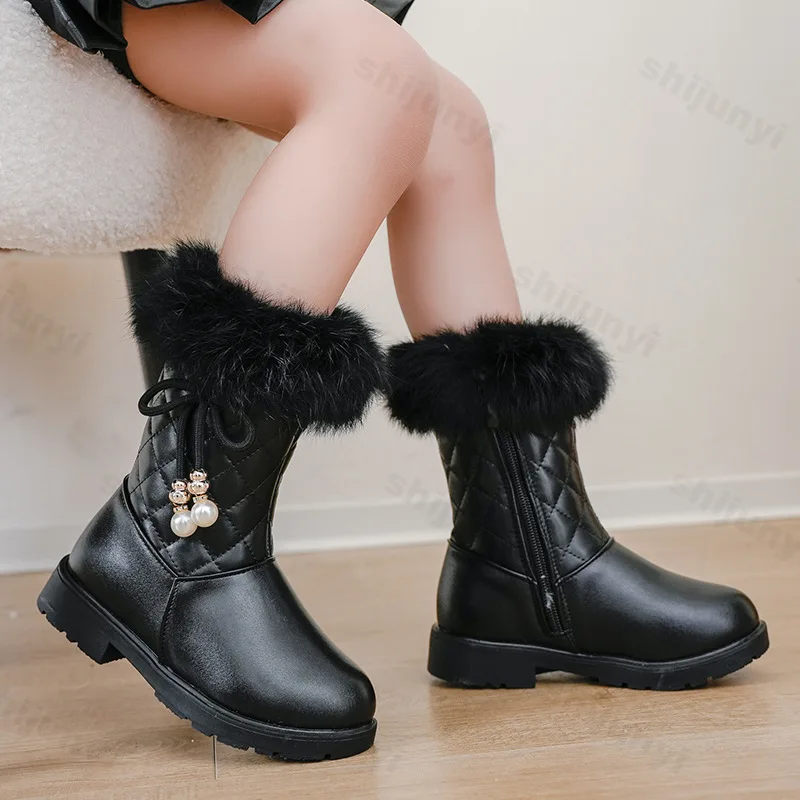 Bottes de neige en cuir PU pour enfants, chaussures mi-mollet pour filles, fermeture éclair latérale, coton, peluche, chaudes, coordonnantes,