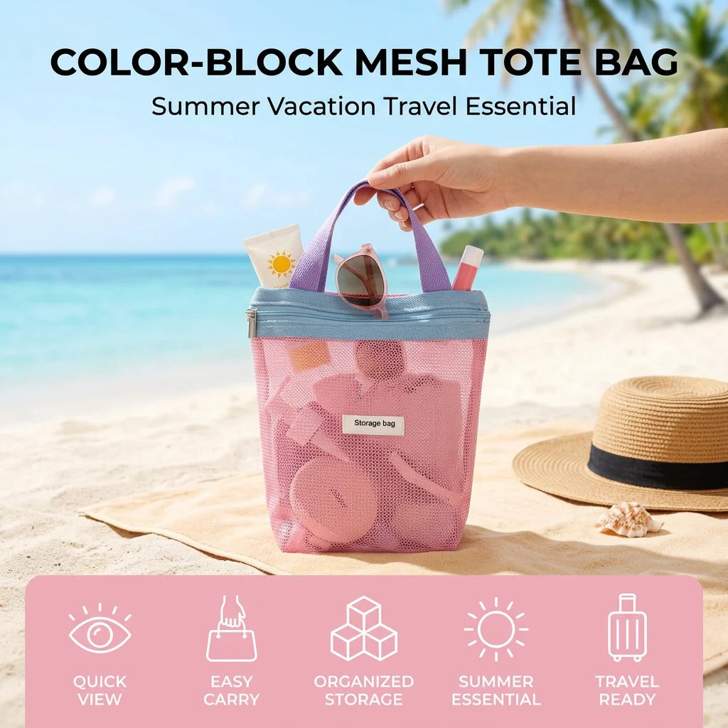Mesh Cosmetic Bag Nylon Mesh Portable Toiletry Organizer Transparent Handled Travel Storage for Summer Trips Women