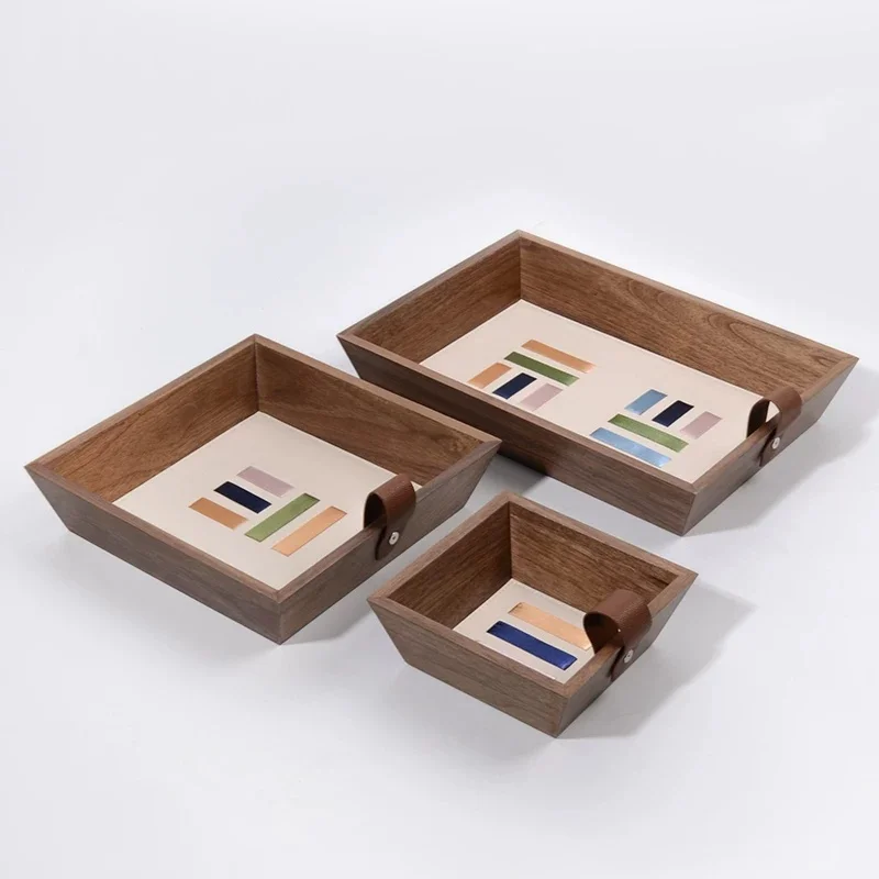 Nordic Style Solid Wood Storage Box with Leather Handle Multiple-Use Table Organizer Keys Holder Home Decor