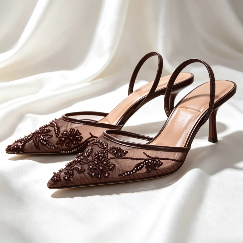 Sexy Pointed Toe Mesh Embroider High Heels for ladies Elegant String Bead pumps Summer Luxury Designer Shoe Brown Heeled Sandals