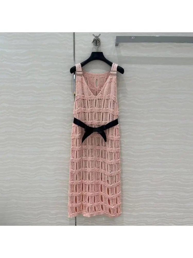 

2025 New Fashion Pink Hollow Out V-neck Sleeveless Knitted Sweater Long Dress Women High Waist Bow Belt Sweet Dresses