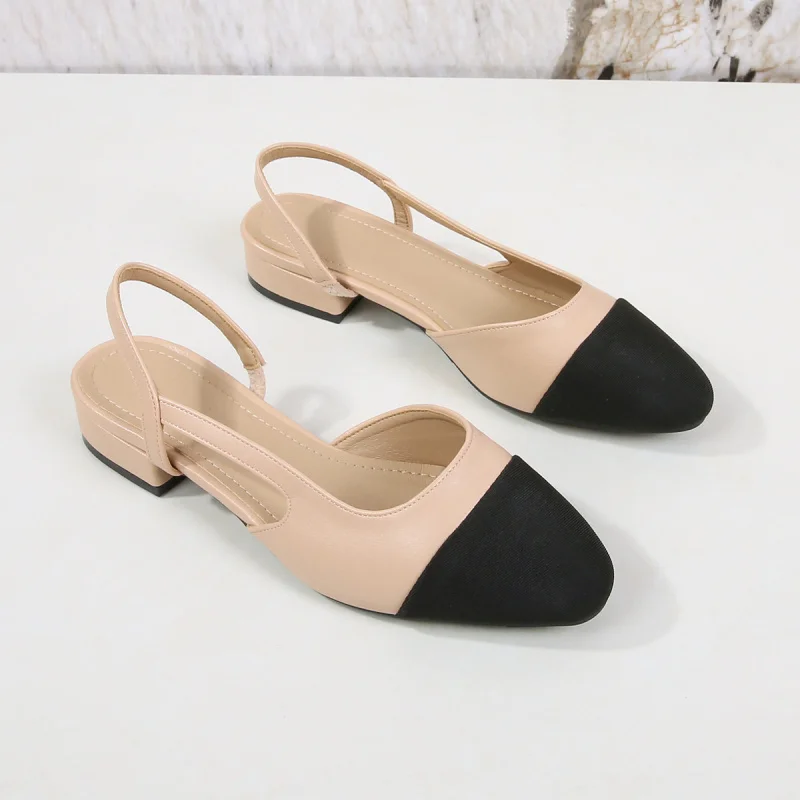 Foreign Trade Cross-Border plus Size Women's Shoes Low Heel Back Empty Closed Toe Sandals Women's Flat High Heel Color Block Chu