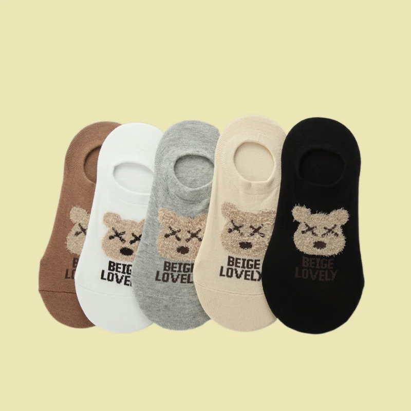 Calcetines invisibles de oso para mujer, medias finas de corte bajo, con tacón antideslizante, novedad, 5/10 pares