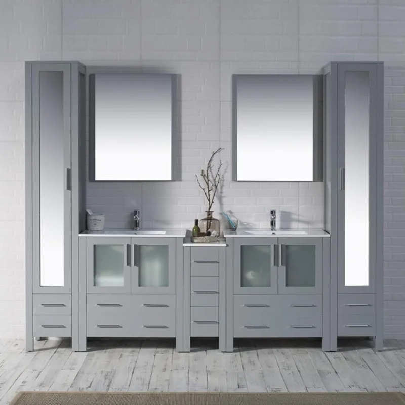 casa.102-In. Vanity da bagno doppio in legno massello con lavandini in ceramica, armadietto laterale e armadio in lino con doppio specchio |   Freestandi