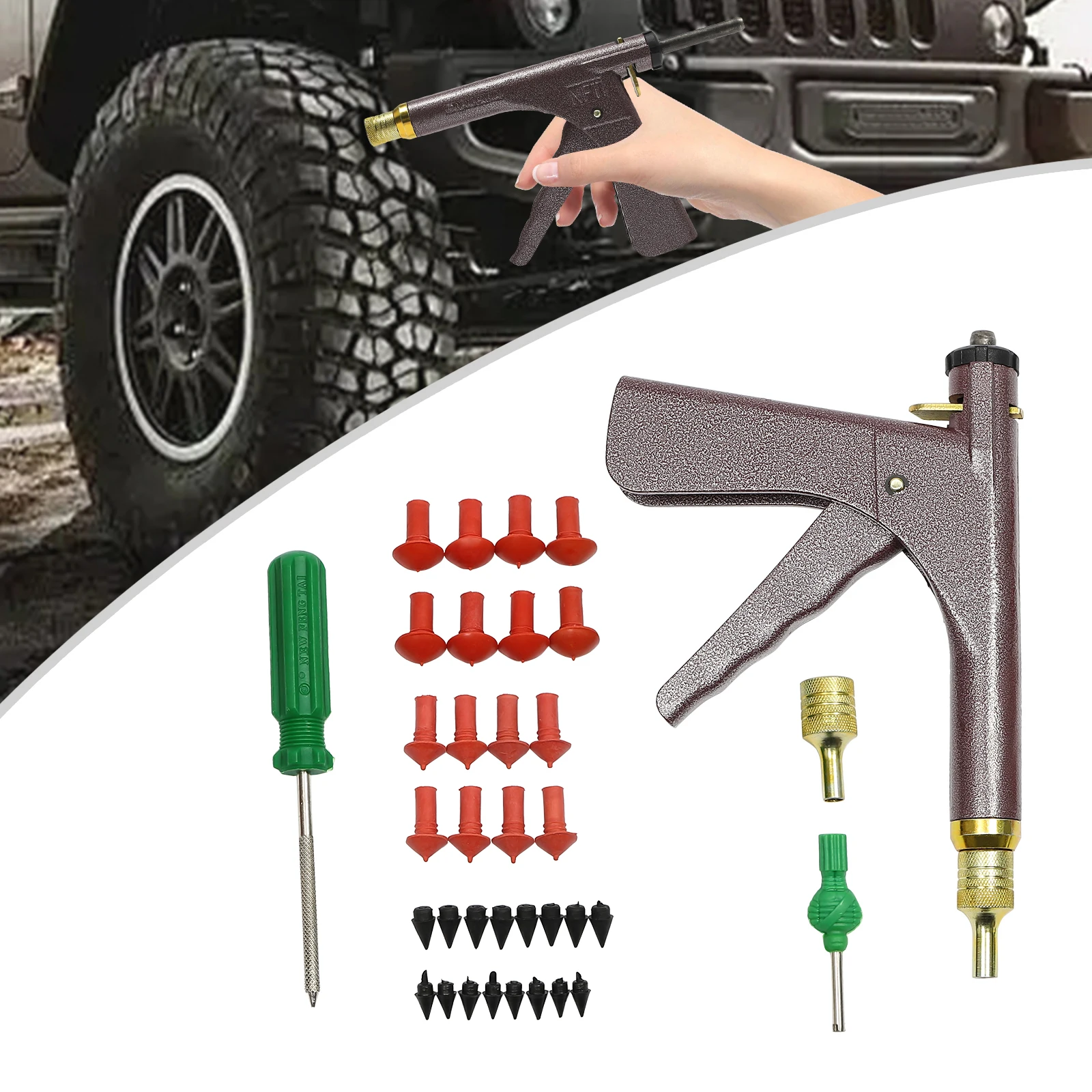 Kit de réparation de pneus, kit de réparation de crevaison de pneus, pistolet de réparation de pneus sous vide avec 16 bouchons de champignons, portable et durable pour voitures, motos, camion