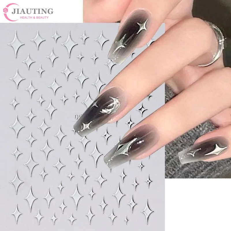 6 Pcs Metal Silver Nail Stickers Metallic 3D Star Nail Art Stickers Decals Self-Adhesive Nail Art Stickers Metal Chain Heart