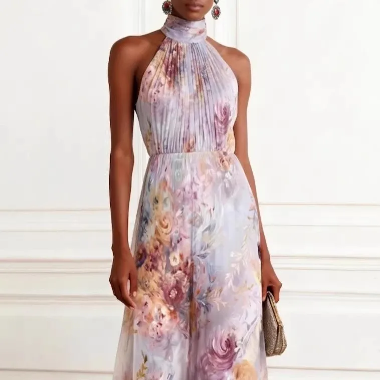 Printed Sleeveless Gown Slim Fit Sweet and Fresh with Halter Neck High Waist Ruched American and European Style Spring for Women