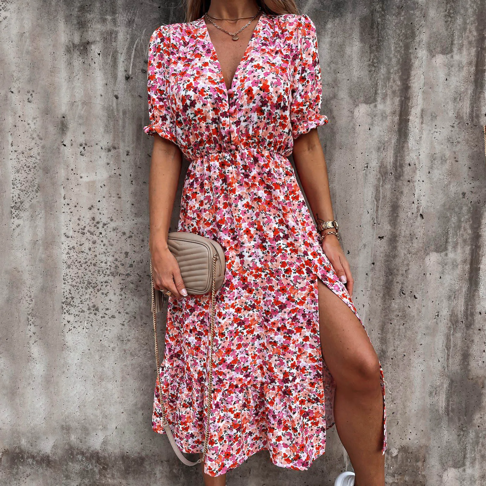 Vestido largo bohemio con abertura Floral para mujer, traje elegante con cuello en V, Túnica informal para fiesta y playa, Verano