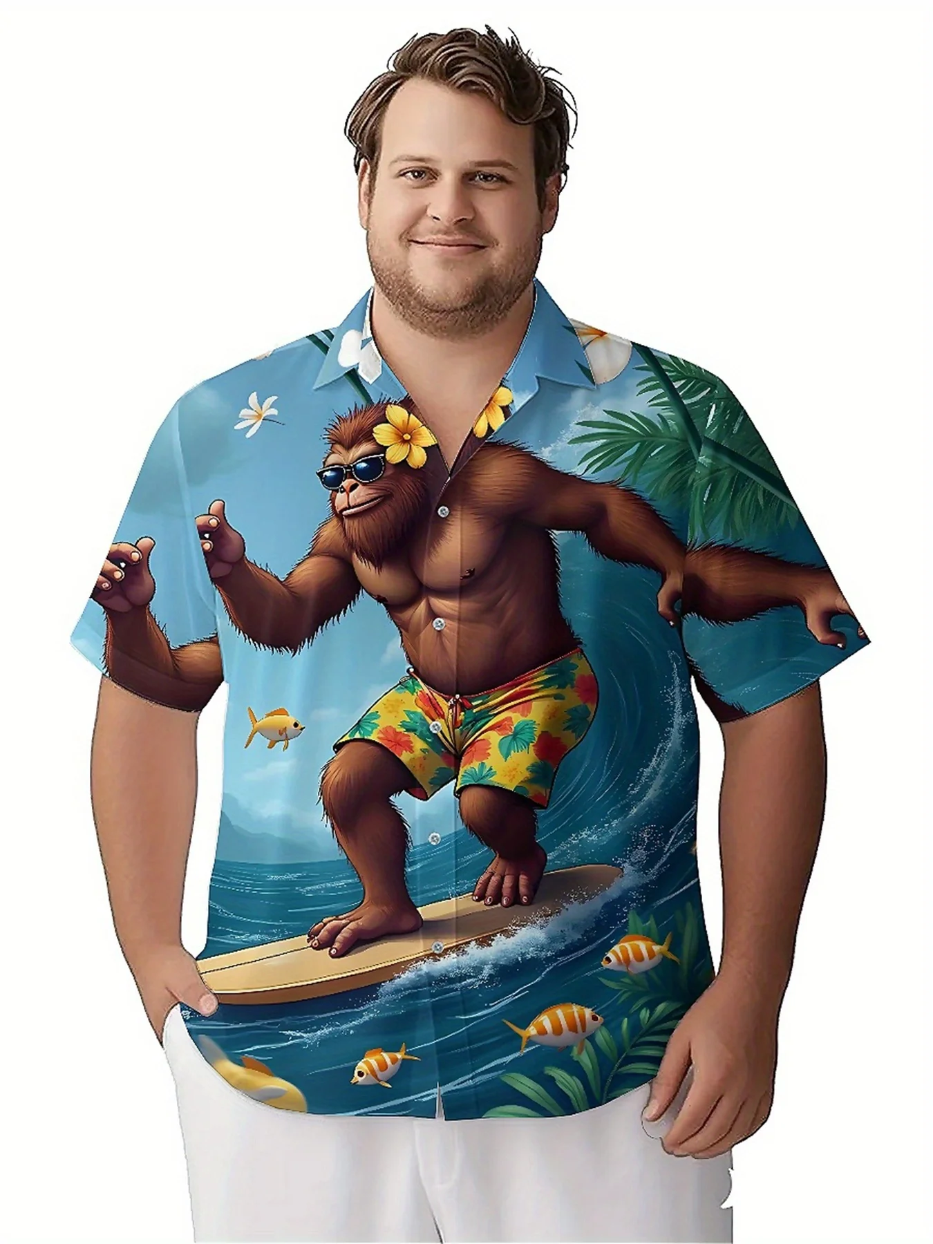 قمصان هاواي مقاس كبير للرجال من Sasquatch نمط مغامرة ركوب الأمواج الاستوائية، قمصان ألوها فضفاضة للجنسين، ملابس بديلة