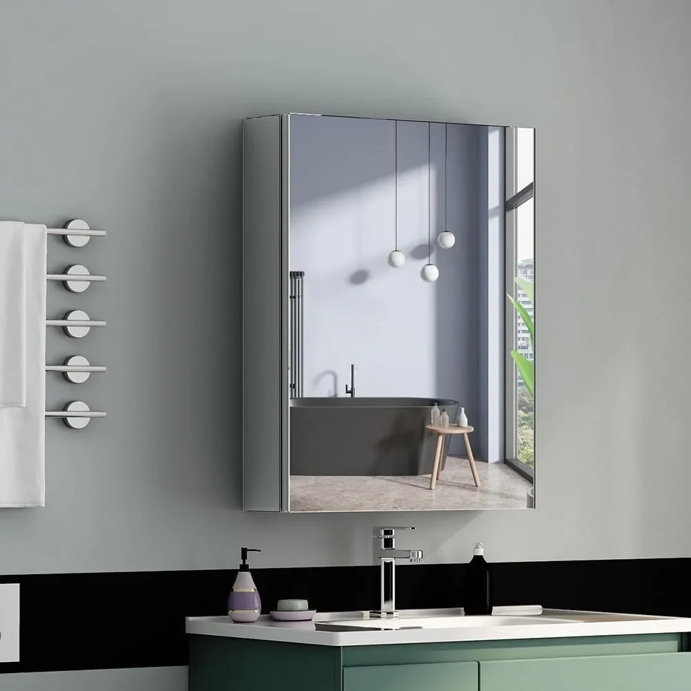 Bathroom mirror cabinet with Aluminum Recessed or Surface Mount for Bathroom Storage 20x26 Inch,  Full-overlay Mirrors Silver