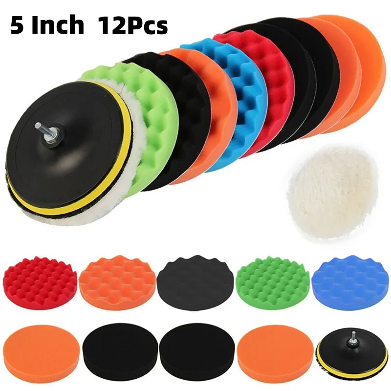 12 Pcs/set 5 Inch Car Polishing Disc Set Drill Sponge Buffing Waxing Furniture Car Polisher Removes Scratches Car Repair