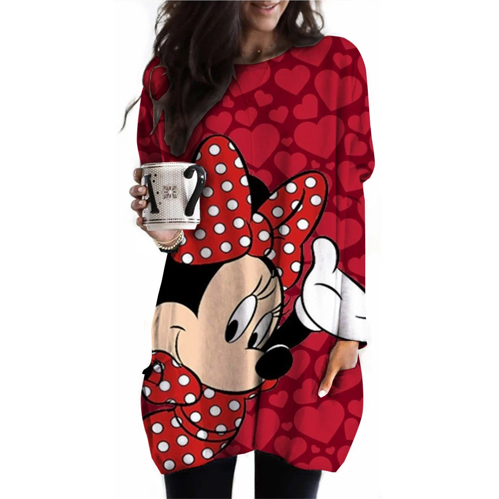 Disney Mickey Mouse printed long sleeved T-shirt new long T-shirt plus size women\'s round neck top with pocket