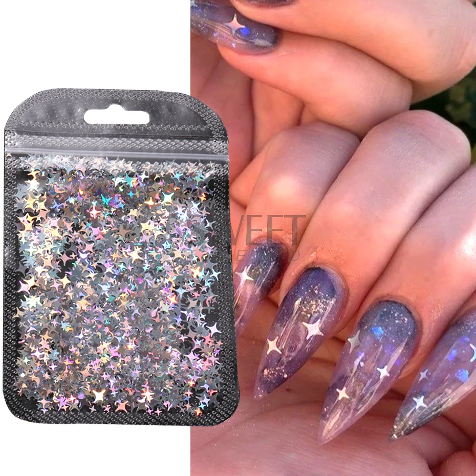 Holographic Star Four-pointed Star Nail Paillettes Sparkly Laser Design Sequin Charm Glitter Flake Shinning Manicure Decor Slice