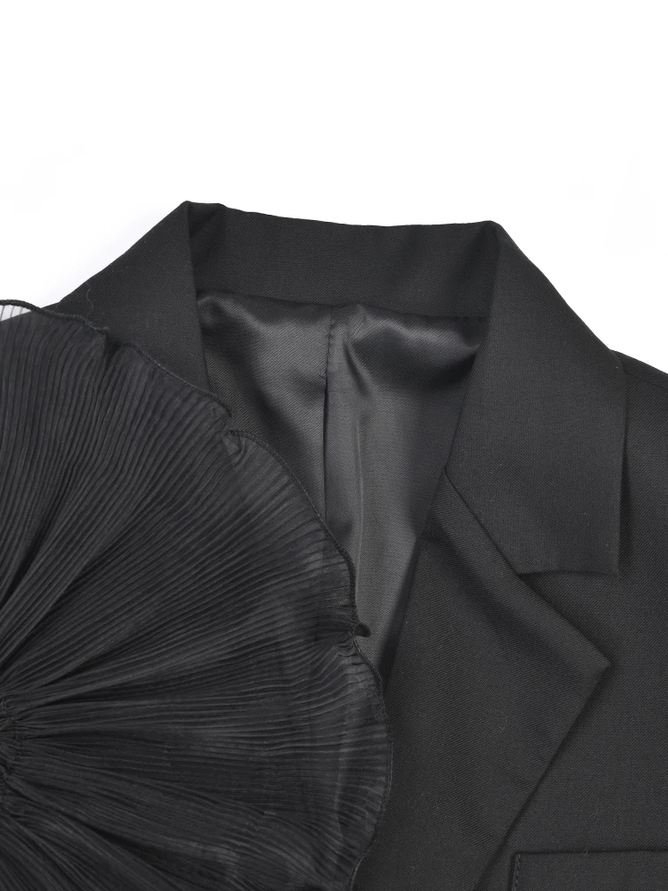 [Eam] Vrouwen Zwart Organza Ruches Grote Maat Blazer Nieuwe Revers Lange Mouw Losse Fit Jas Mode Lente Herfst 2024 1de392101