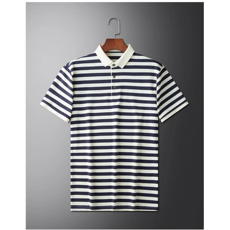 Men's Striped Polo Shirt Contrast Collar Short Sleeve Button Placket Casual Breathable Top
