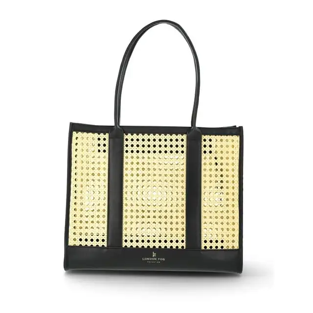 

London Fog Women's Daisy Woven Lattice Boxy Tote, Black