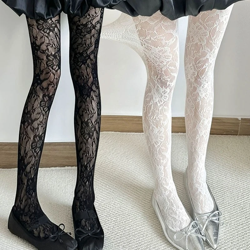 Women's Sexy Flower Embroidery Mesh Hollow Out Silk Stockings JK Fish Net Tights Cool Girls Colored Hipster Harajuku Pantyhose