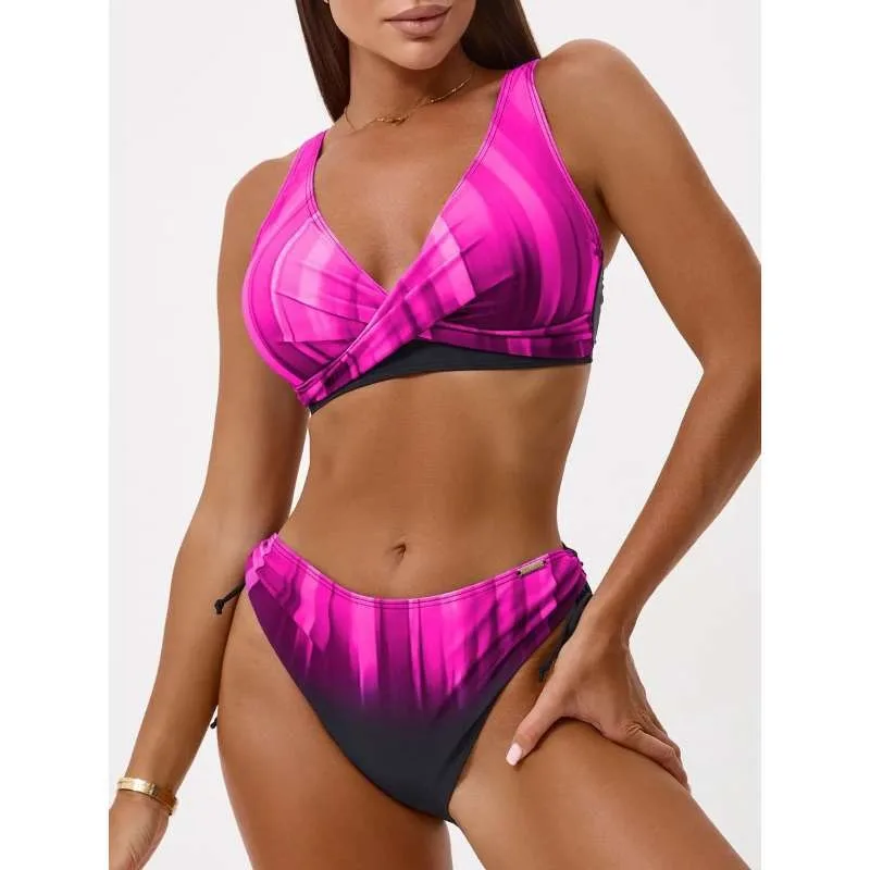 

2025 Trendy European American Bikini - Fuchsia Gradient Print High-Waisted Tie-Up Cross Detail Tummy-Control Split Swimwear