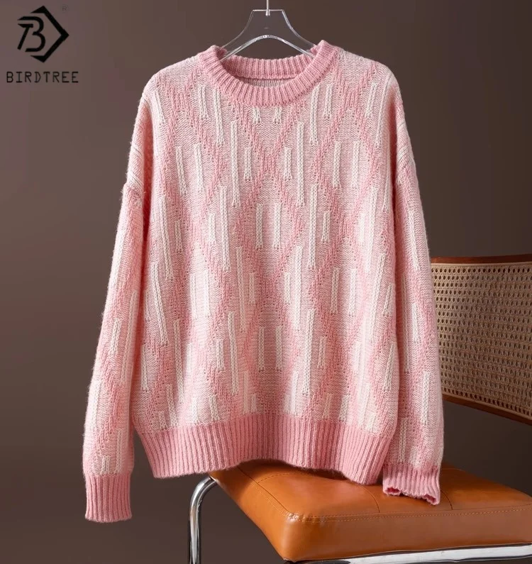 

Birdtree, вязаный нижний свитер из 100% овечьей шерсти, женский свободный трикотаж с круглым вырезом и длинными рукавами, осенний теплый пуловер 2025 T59017JF
