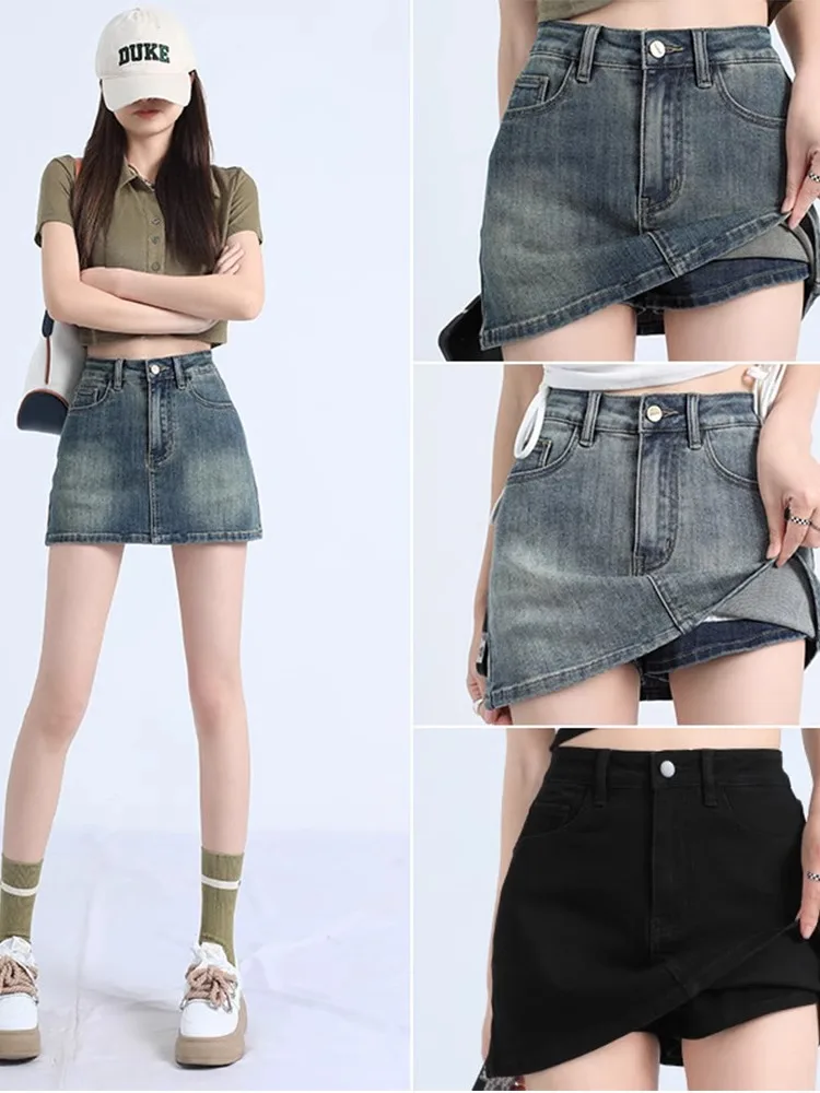 

Retro High Waist Elastic Denim Skirt Women's Summer New Sle Anti-Light Inner Wrap around A-Line ort Skirt