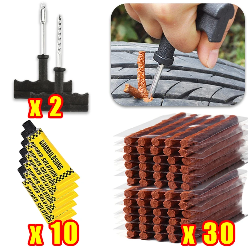 Kit Universal de Reparo de Pneus Sem Câmara com Tiras de Borracha e Plugues para Carro, Moto, Caminhão - Solução de Emergência para Pneus a Vácuo