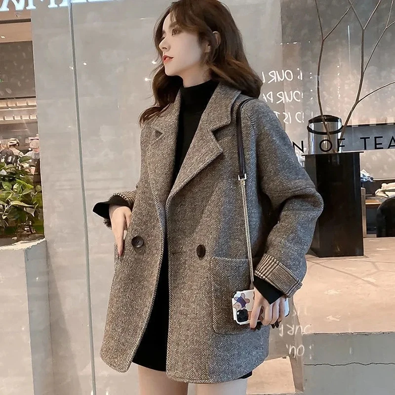 Gidyq Woll blazer Mantel Frauen koreanische lässige Single Button Tweed Anzug Vintage Chic Langarm Büro Dame Jacke Herbst Winter