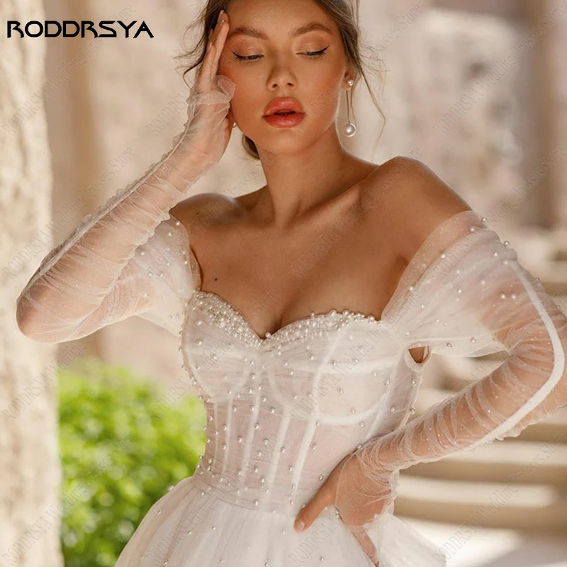 RODDRSYA perle a-line abiti da sposa per le donne Tulle Side Split Beach Bride Party manica lunga Sweetheart Backless abito da sposa perle a-line abiti da sposa per le donne Tulle Side Split Beach Bride Party manica lu