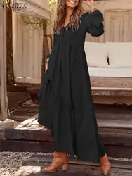 ZANZEA 2023 Printemps Robe Décontracté Col V Ruflle Manches Longues Robe Oversize Bohème Robe Chemise Élégante Femmes Maxi Robe 1