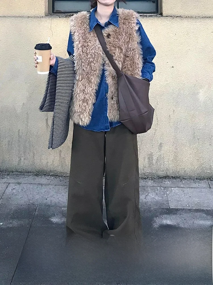 

Ретро американские широкие брюки с высокой талией кофейного цвета, женские повседневные утягивающие джинсы на осень-зиму, новый дизайн