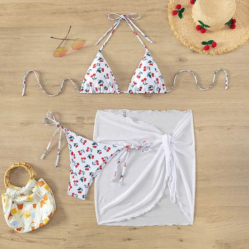 

Summer Beachwear Swimsuits Women Print 3 Piece Swimwear with Cover Ups Halter Bikini Beach Wear Vacation Outfits Split Swimwear