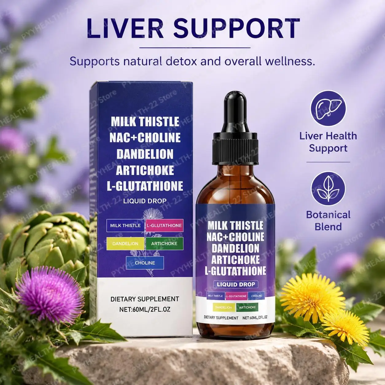 Milk Thistle Liquid Drops NAC Choline L-Glutathione Dandelion Artichoke Blend, Support Liver Metabolic Function Intestinal, 60ml