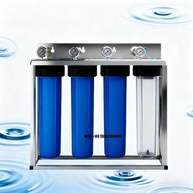 

20*4.5" 4-Stages Big Blue Whole House Water Filter System with PP+CTO+UDF+KDF Sediment Filter 304SS Bracket for Indoor