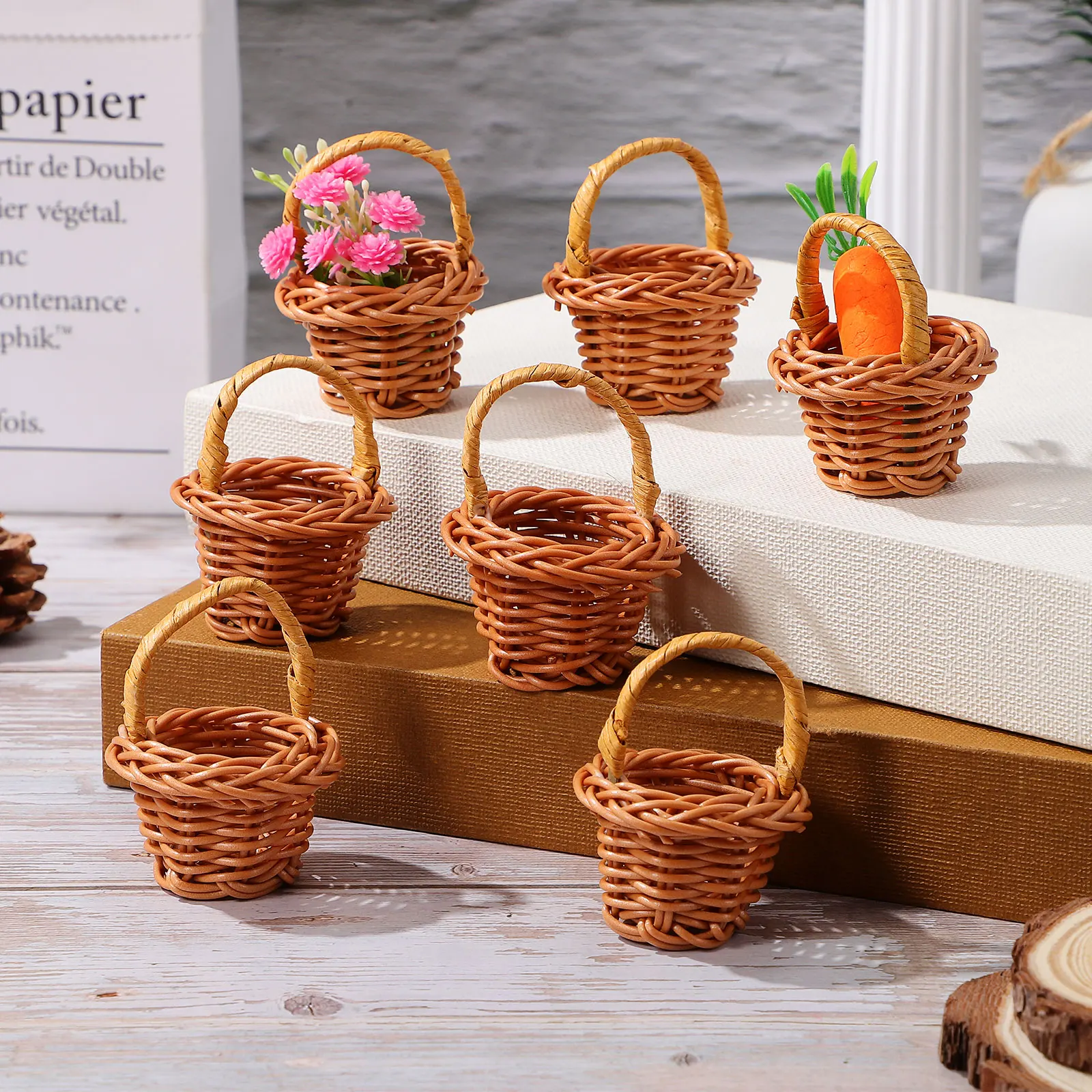 

Rattan Shopping Basket Mini Wicker with Handle Miniature Baskets Woven Handles Small