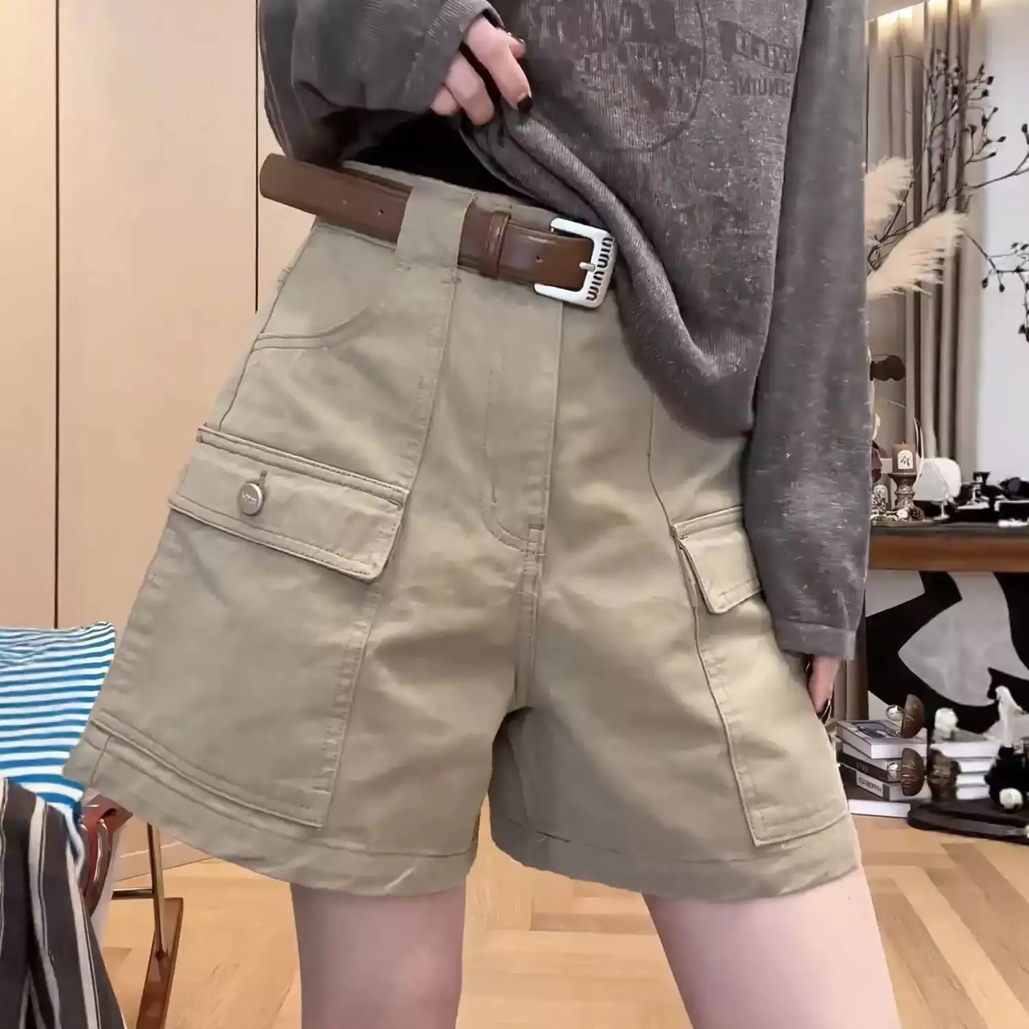 Khaki Tooling Cargo Shorts Women's Summer High Waist Pockets Wide-leg Casual Pants