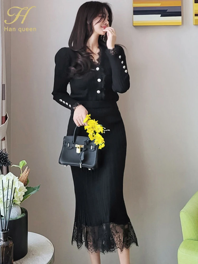 H Han Queen Korean 2 Pieces Set Women's Knitted Bottoming Vestidos Stitching Lace Black Single-breasted Mermaid Lady Skirt Suit